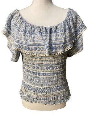 Cato Blue & Cream Smocked Off-Shoulder Peasant Blouse